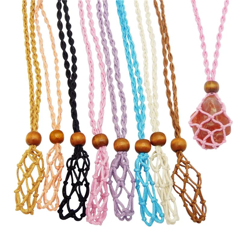 

Julie Wang Braided Necklace Cord Empty Stone Holder Wax Rope Rough Adjustable Net Bag Quartz Crystal Raw Jewelry Making Pendant