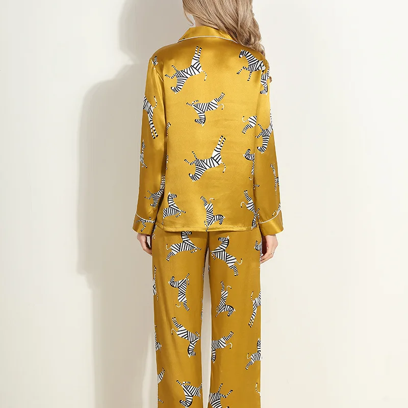 Womens Silk Satin Pajamas Pants Blouse Zebra Printing Pajamas Single Breasted V-neck Shirt Long Sleeve Sleepwear Silk Nightwear