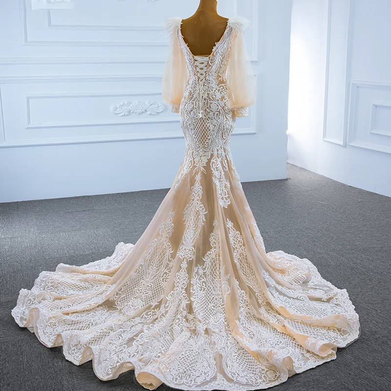 J67209 Jancember New Mermaid Wedding Dress 2020 Custom Design Dress Pearls V-Neck Long Lantern Sleeve Applique