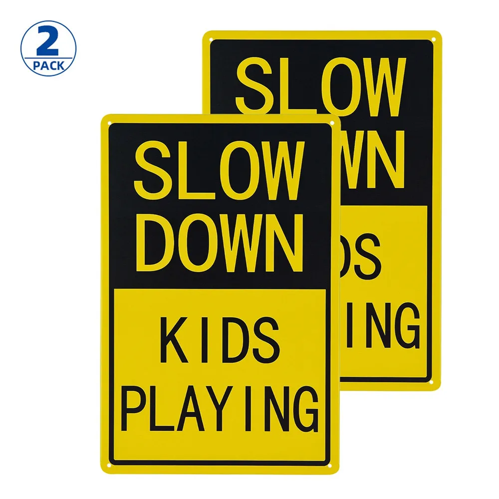 

(2 Pack) Please Slow Down Children Playing Signs 12" x 8" with Kids at Play Caution Sign