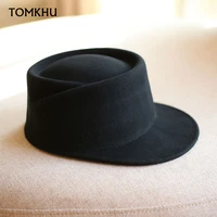 winter fedora hat for women korean flat top navy wool hat british casual black gray khaki equestrian hat fashion high quality