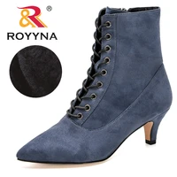 royyna 2020 new style ankle boots women heels pointed toe western boots ladies high top flock short plush winter shoes feminimo
