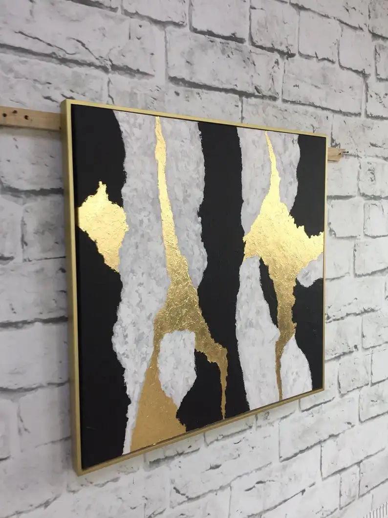 Акриловые абстрактные картины с золотыми листьями на холсте экстра большие