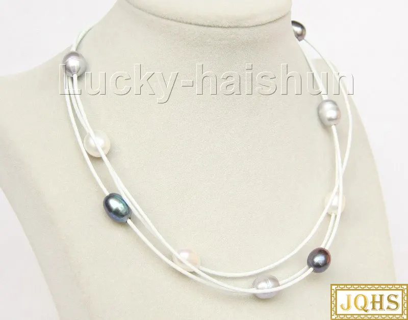 

40 см-45 см регулируемое 3-рядное белое, серое, черное жемчужное, белое кожаное ожерелье 18KGP с застежкой j9897