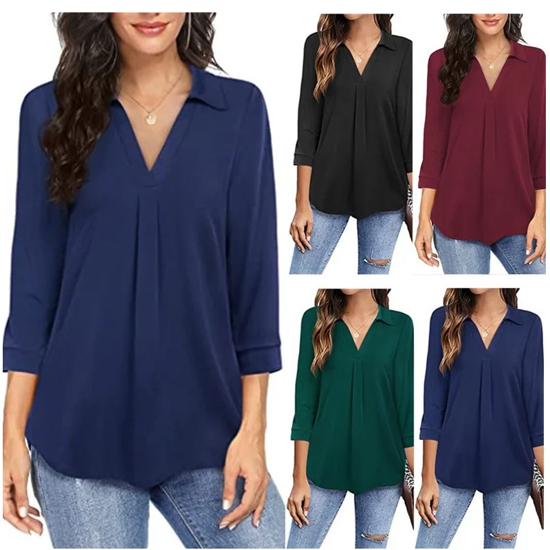 

New Style Fashion Temperament Slim Solid Color Casual Chiffon Women Hedging Loose V Neck Three Quarter Sleeve Shirt Shirt