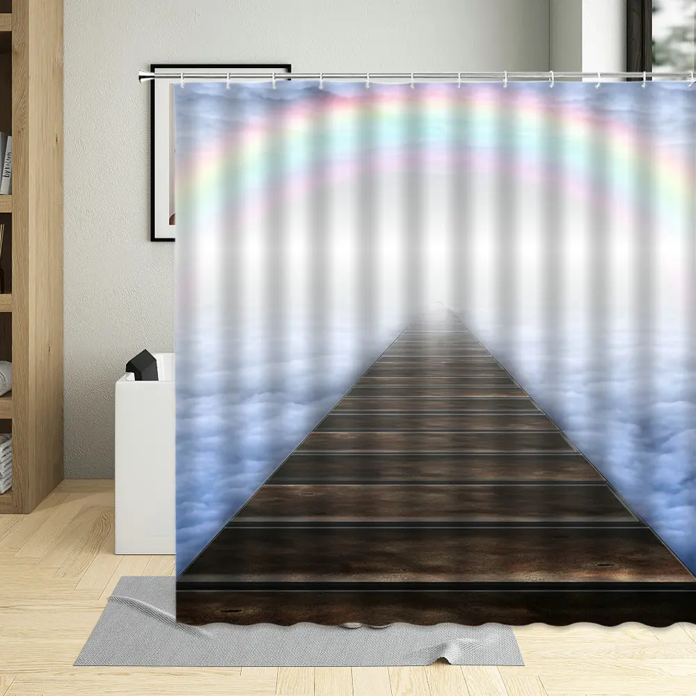

Sky Rainbow Cloud Nature Scenery Shower Curtain Set Flower Pastoral Bathroom Curtains Waterproof Fabric Home Decor With Hooks