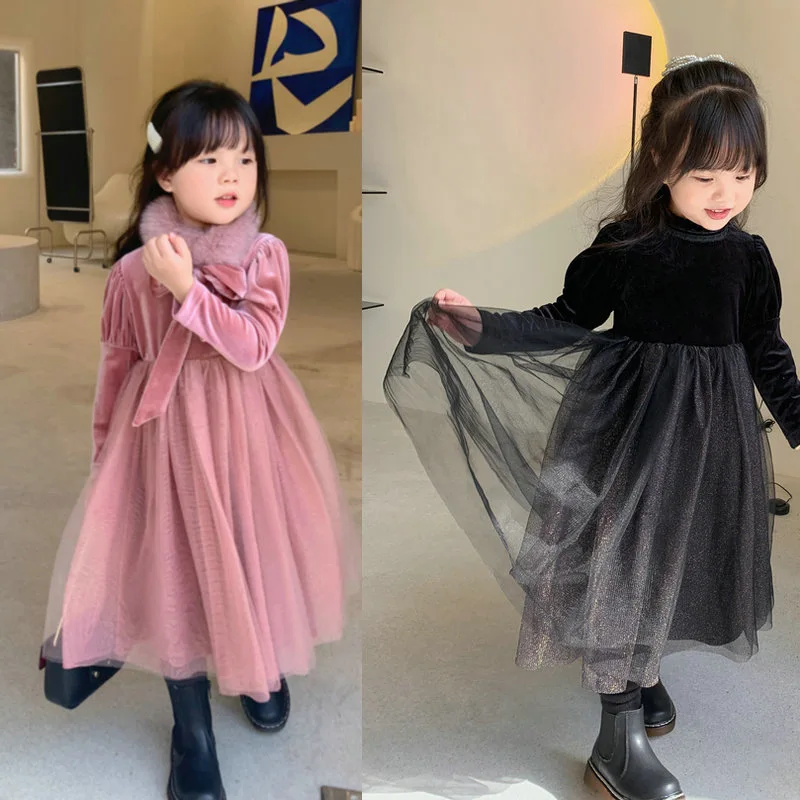 

Kids Girls Retro Princess Dress 2022 Winter New Children Elegant Mesh Patchwork Dresses Baby Thicken Warm Clothing, #9282