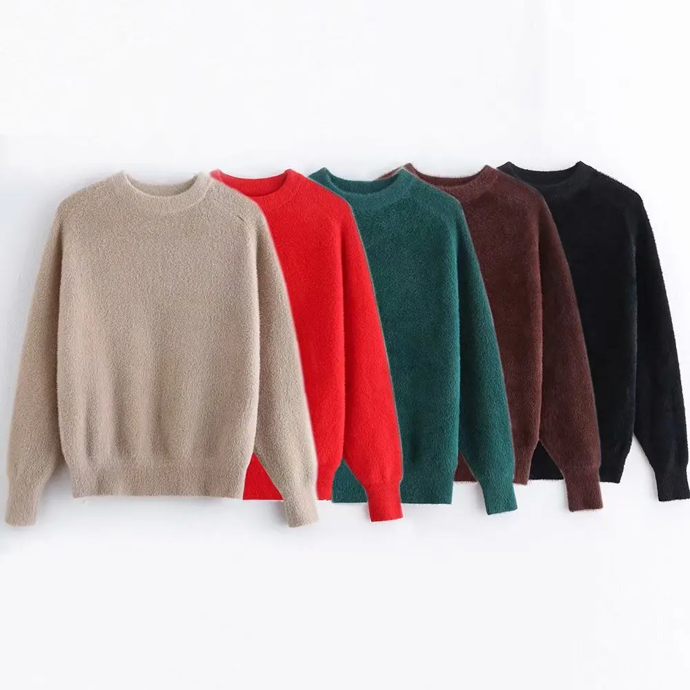

Autumn 2019 women's new round neck lantern long sleeve lazy knitting Pullover short loose imitation mink coat sweater