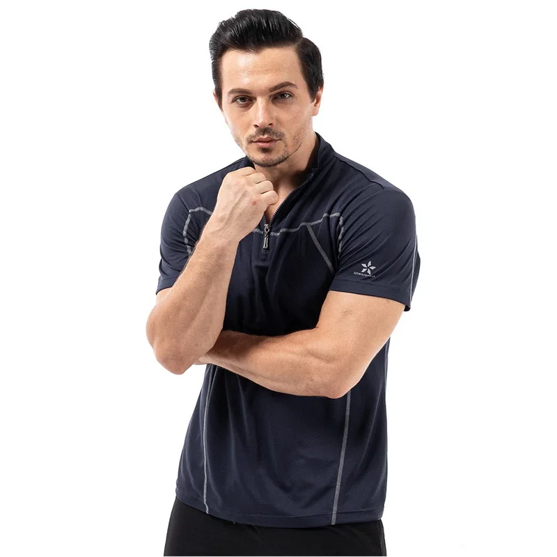 

Men's Moisture Wicking Active Quick Dry Zipper T-Shirts Navy Blue Tops Short Sleeve Workout Running Athletic T-Shirt for Men