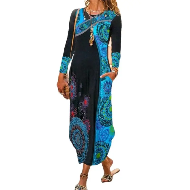 

Women Vintage Print Bohemian O-neck Long Sleeve Casual Loose Long Dress Autumn New Pocket Elegant Holiday Robe Maxi Vestidos