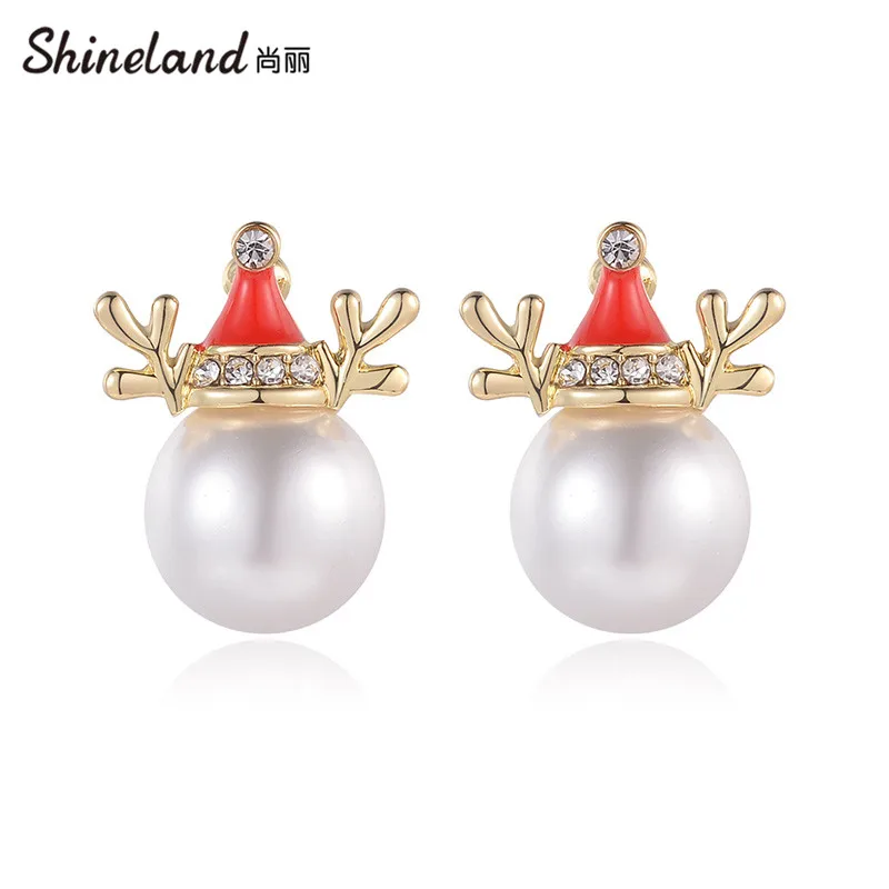 

Shineland 2021 Trendy Deer Simulated Pearl Stud Earrings For Women Fashion Party Cap Enamel Brincos Christmas Jewelry Xmas Gift