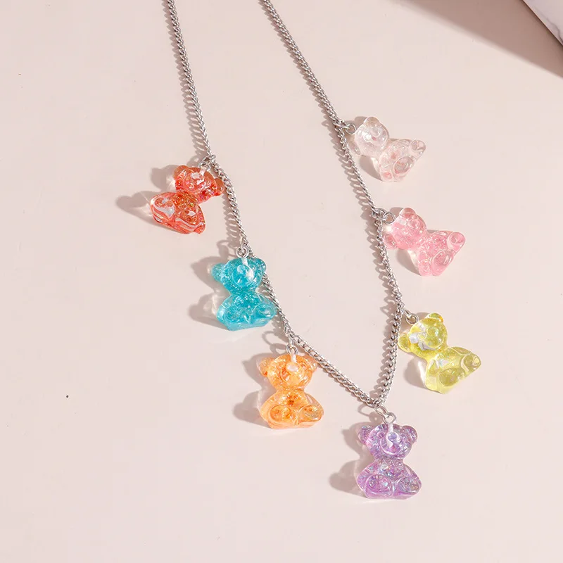

Kawaii Jelly Colorful Bear Pendant Necklace For Women Girl's Charm Daily Cute Resin Gummy Bear Chain Necklace Jewelry Party Gift