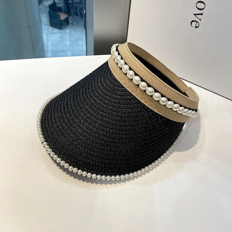 

Bucket hat pure color Korean summer Cap French outdoor pearl straw woven sunscreen hat fashion sunshade Women's bucket hat