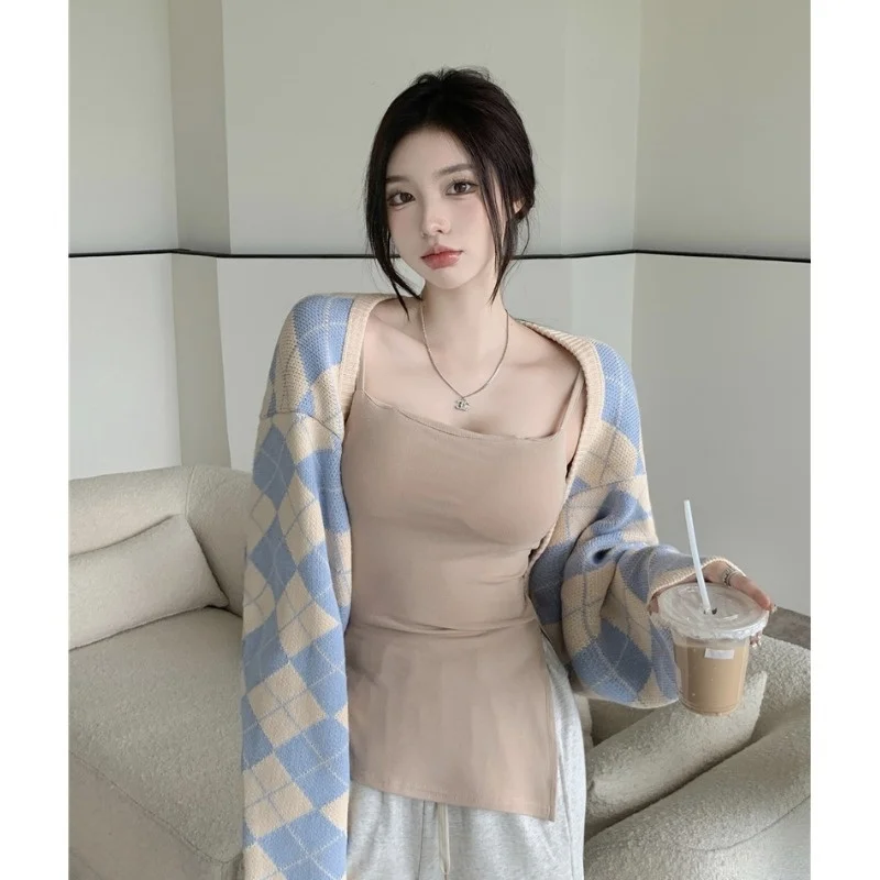 

Осень-зима 2021, кардиган, новый дизайн, стильное клетчатое короткое пальто с длинным рукавом, топ, кофта, спортивные женские брюки