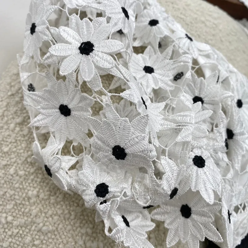 

2021 New Summer Women Fashion White Hook Hollow Out Short Sleeve Strapless Tiered Black Dots Mini Dresses High Quality
