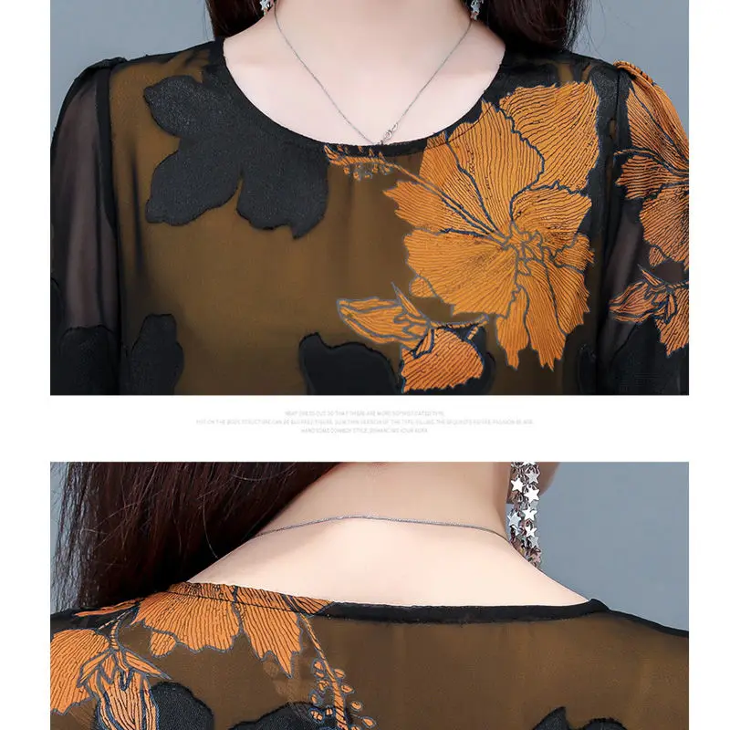 

2021 New Summer Middle Aged Women Fashion Casual Short Sleeve Chiffon Blouse Tops Female Flower Print Loose Plus Size Shirt Y26
