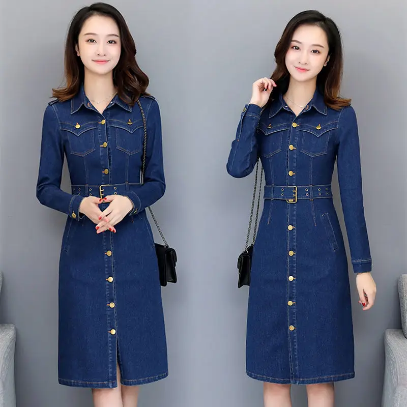 

Women's Casual Denim Shirt Dresses Female Autumn Long Sleeve Vestidos Ladies Solid Vintage Loose Cowboy Streetwear Dress A53