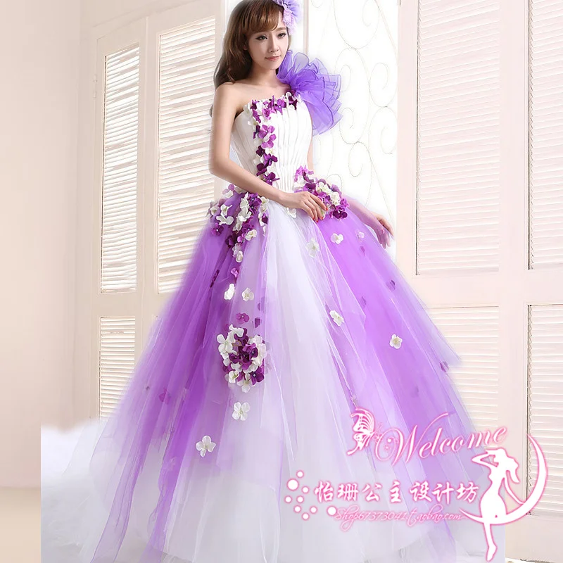 Женское платье с одним плечом фиолетовое бальное из органзы на одно плечо