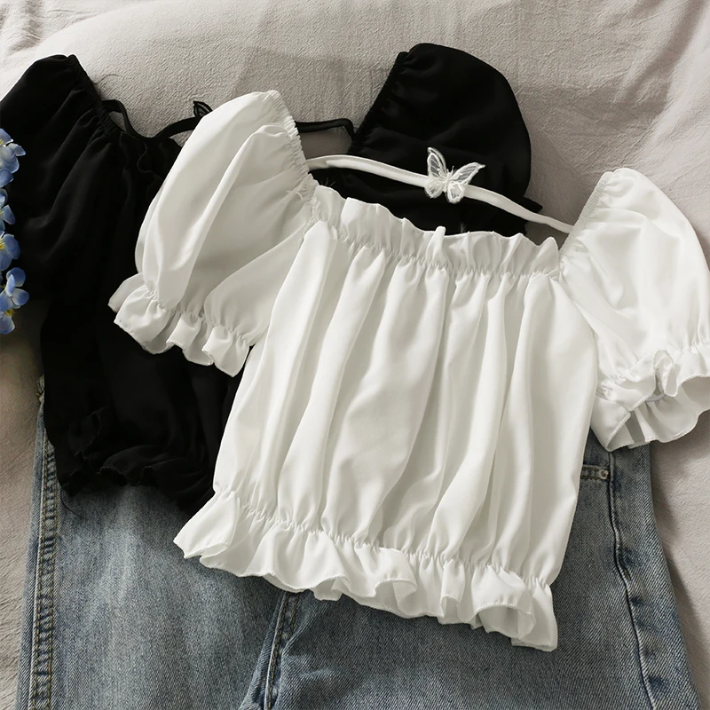 

Sweet Women Butterfly Patch Blouse Folds Short Sleeve Chiffon Blouse Off Shoulder Crop Tops Slim Elastic Tees Women Summer New