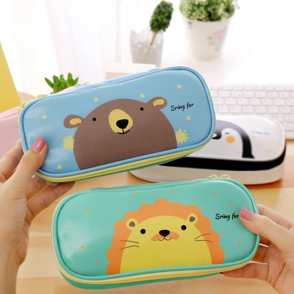 Мультяшные пеналы Kawaii Green Lion Penguin чехол для ручки из ПУ водонепроницаемый большой