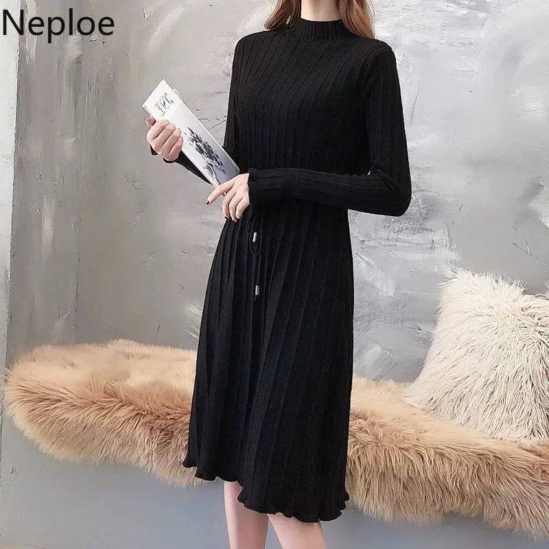 Neploe/корейское осенне зимнее стильное свободное шерстяное платье со шнуровкой и