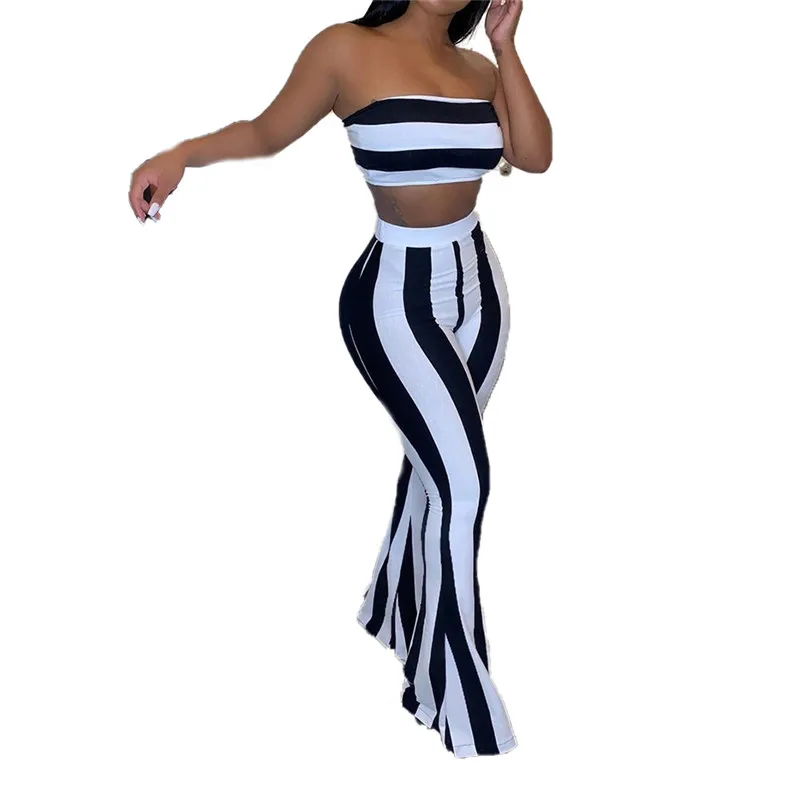 

2 Two Piece Set Women Tube Tops Pants Set Sexy Summer Crop Top Flare Pants Tracksuit Women Striped Clothes 2020 Party Outfits