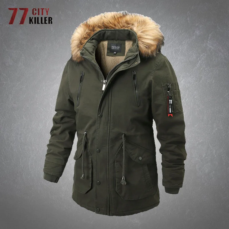 New Winter Fleece Fur Collar Hooded Parkas Mens Casual Loose Multi-pocket Waterproof Thicken Warm Mid-length Coats Jackets Male