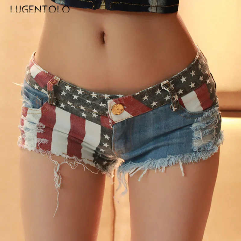 

Lugentolo Sexy Jeans Shorts Women Summer Low Waist Beach Club with Holes and Fringed Pocket Stitching Button Fly Tassel