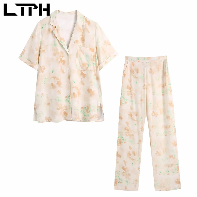

LTPH vintage tie-dye chiffon Outfits two piece set women loose pocket shirt straight trousers Casual Pant Sets 2021 summer new