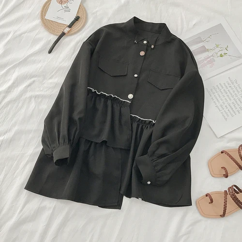 Woherb/женские блузки, топы, Повседневная рубашка с длинным рукавом, нерегулярные лоскутные рубашки с оборками, черные офисные Блузы с воротником-стойкой - Цвет: black blouse
