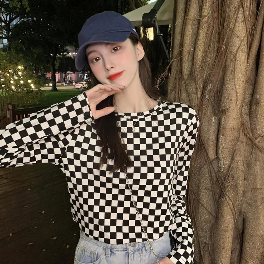 

Women Long-sleeved Shirt Casual Half High Neck Black Top Fashionable New Tshirt Knitted Harajuku Retro Plaid Chessboard 202 Q1t4