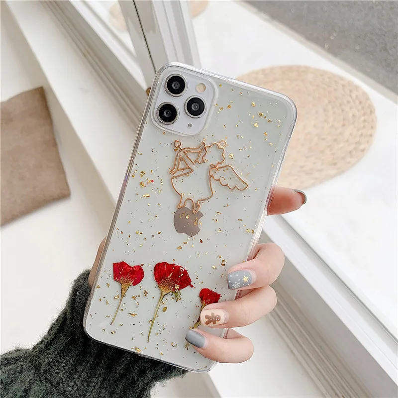 Luxury Glitter Gold Foil Angel Phone Case For iphone 11 Pro Max X XS XR 7 8 Plus Back Cover Fashion Dried Rose Cases Capa |