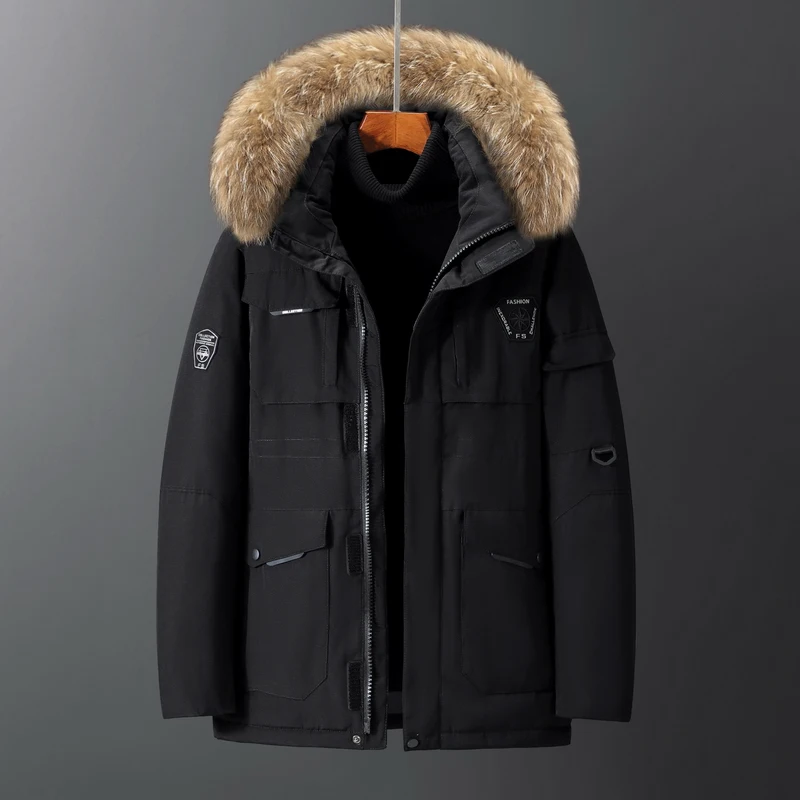 

Men Casual Hooded Winter jacket Male Thick Warm Black Coat Large Fur Collar Thermal Parkas Windproof Outerwear Men's Clothing