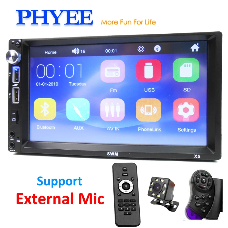 7" Touch Screen Car Radio 2 Din Mirror Link Bluetooth MP5 Player External Mic Input Handsfree A2DP USB TF ISO Head Unit PHYEE X5