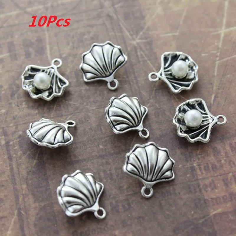 Antique Silver-10Pcs 10/20 штук DIY старинное серебро с жемчугом в раковине шармы в виде раковины Подвески украшения в морском стиле делая Висячие 15*15 мм - Окраска металла: Antique Silver-10Pcs
