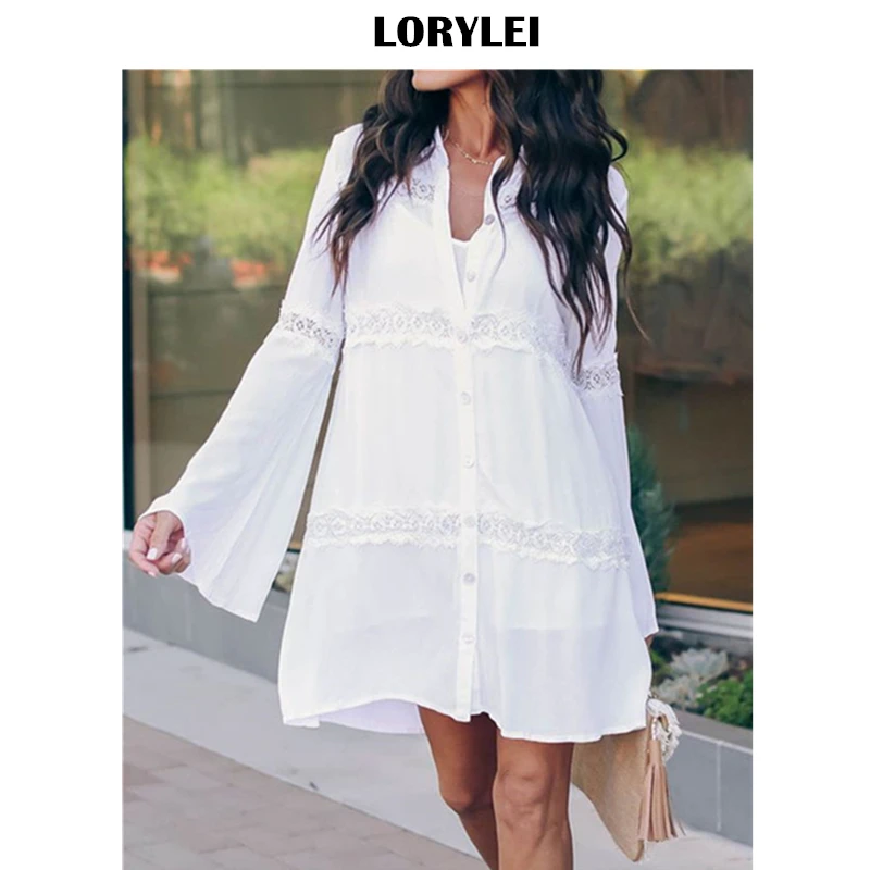 Женское ажурное пляжное платье белое хлопковое мини туника с V образным вырезом и