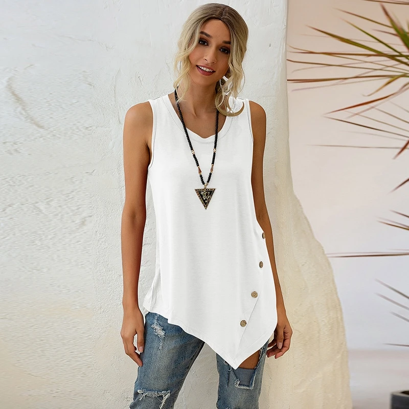 

2021 Summer Fashion Sleeveless Top Irregular Button U-neck Vest Women's Summer
