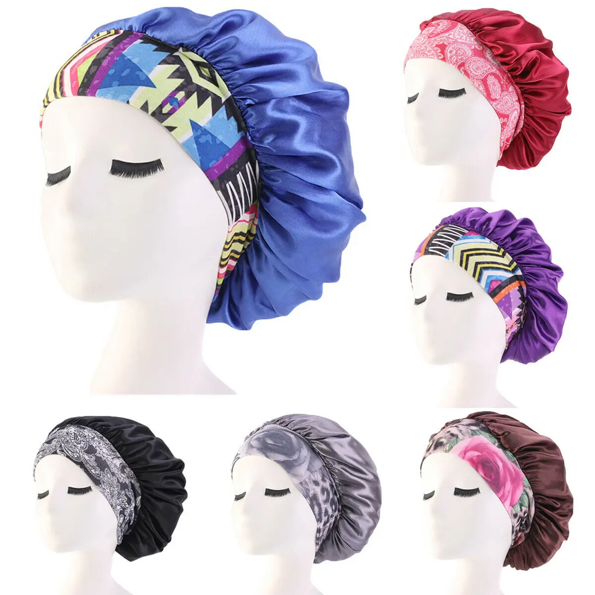 

Newest Arrival Women Satin Bonnet Cap Fashion Elastic Wide Band Hair Protect Head Cover Night Sleep Hat