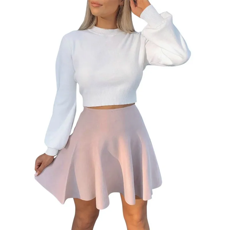 

Women Fashion Mini Sweaters Female Casual Solid Color Round Neck Short Corp Top Women Long Sleeve Pullover Tops