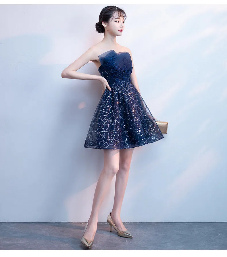 

H2063 Women Black Navy Blue Evening Dresses Female Noble Fairy Fantasy Stars Short Prom Dress Sweet Memory