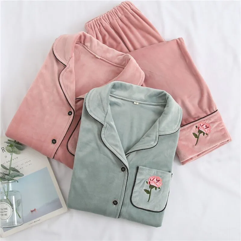 

Autumn Winter Warm Flannel Women Pyjamas Sets Thick Coral Velvet Long Sleeve Sleepwear Thin Flannel Pajamas Set for Girl