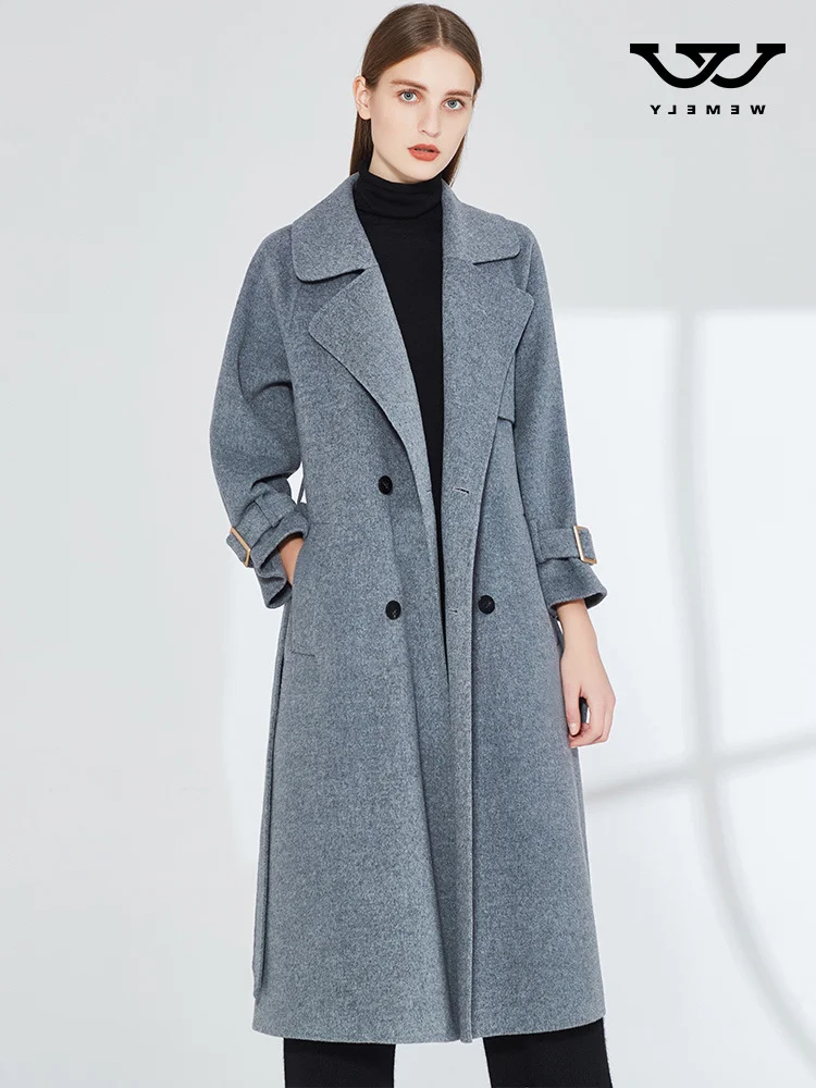 

Женское двухстороннее кашемировое пальто Shzq, средней и большой длины, шерстяное пальто выше колена на пуговицах, Осень-зима 2021