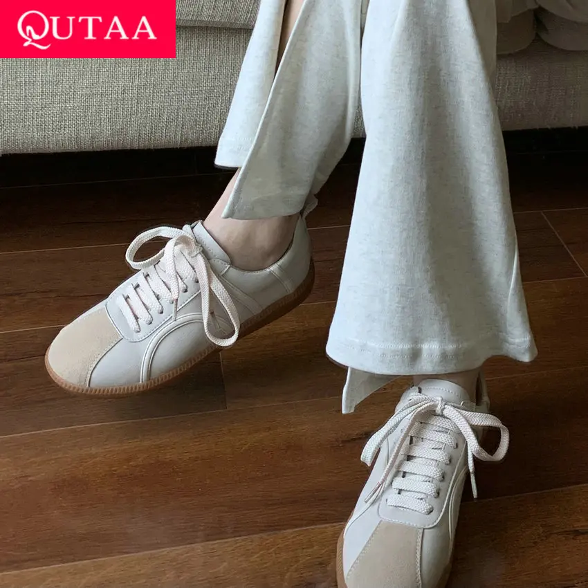 

QUTAA 2022 Round Toe Casual Lace Up Female Sneakers Spring Genuine Leather Flat Heel Basic Mixed Color Women Shoes Size 35-40
