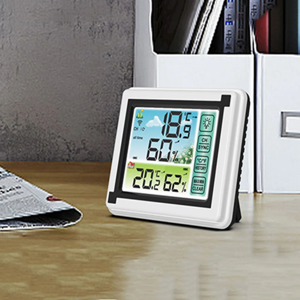 

Wireless Touch Screen LCD Display Temperature Humidity Meter Color Weather Clock Heater Temperature Voice Control Works