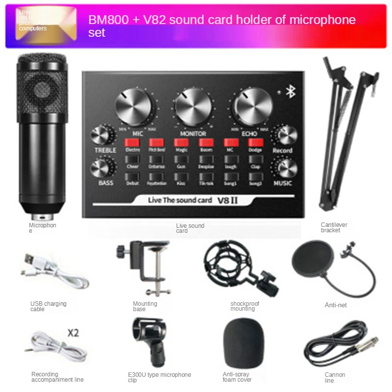 Placa de Som Microfone de Gravação Fone de Ouvido Microfone ao Vivo Bbluetooth Externo Microfone Karaoke Player v8 Usb Bm800