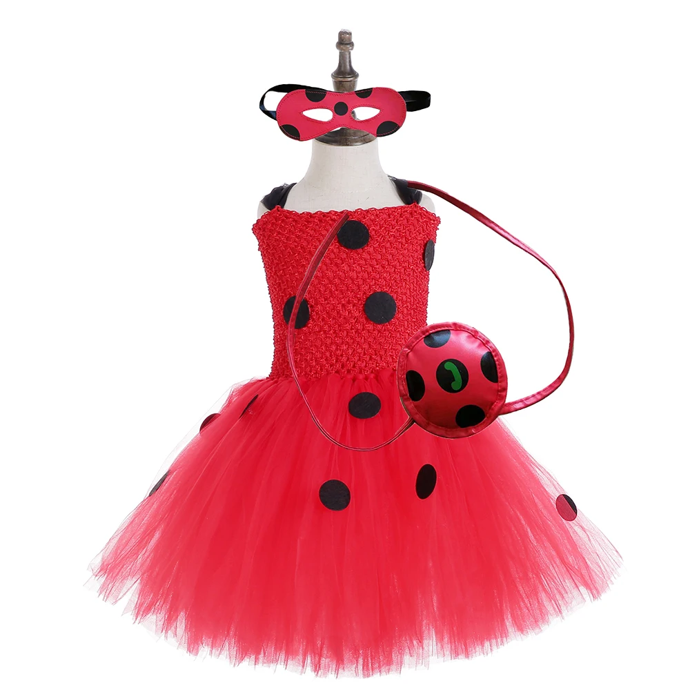 Детское платье-пачка божья коровка с маской цвет красный черный в горошек костюм