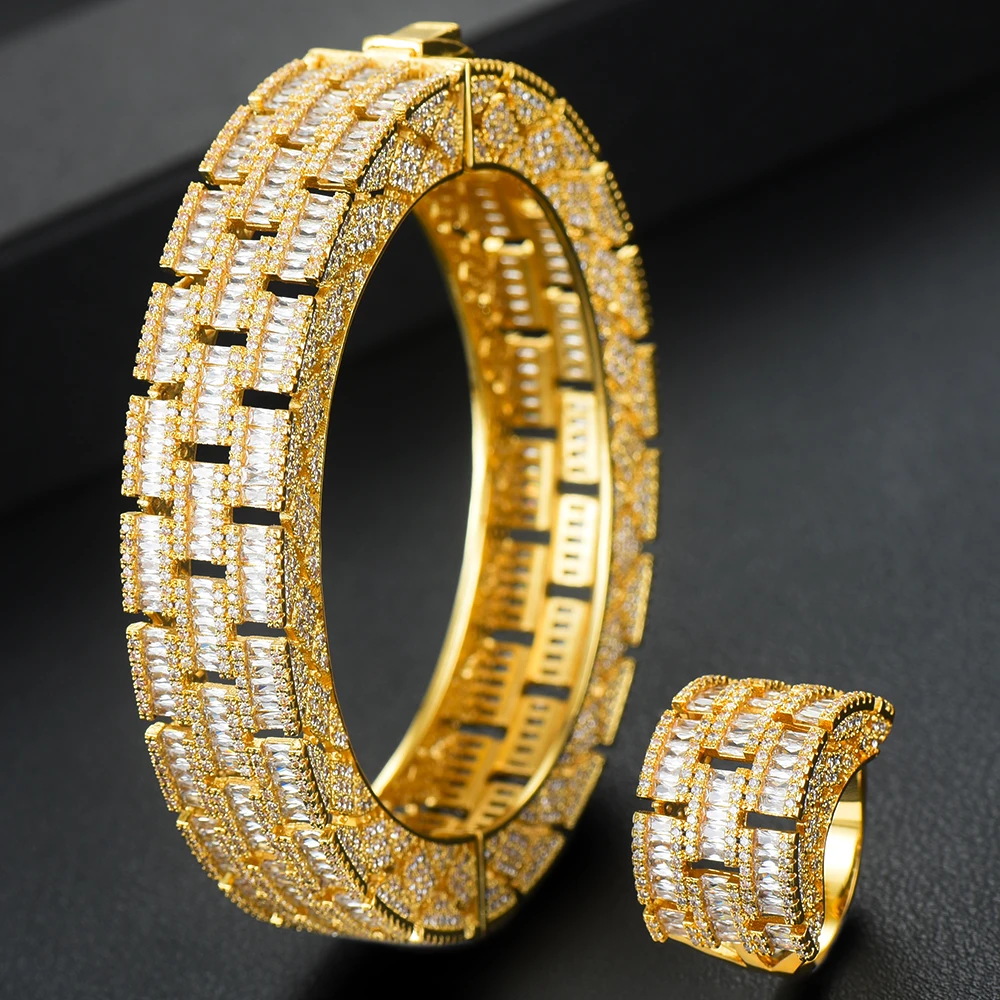 

Blachette Luxury Big Bangle Ring 2 PCS Full Cubic Zirconia Dubai Noble for Women Bridal Wedding Party Jewelry Sets High Quality
