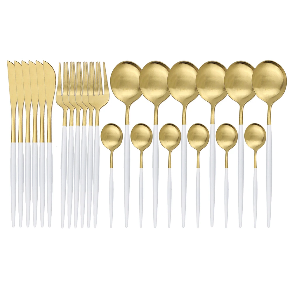 

24Pcs Matte White Gold Dinnerware Set 304 Stainless Steel Knife Fork Spoon Flatware Cutlery Set Kitchen Silverware Tableware Set