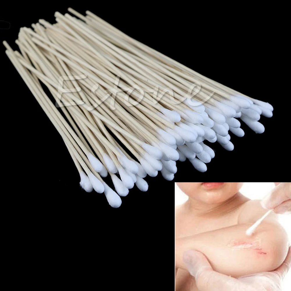 

K0AE 100Pcs Swabs 6'' Long Wood Handle Sturdy Cotton Applicator Swab Q-tip