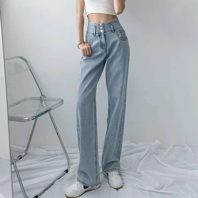 

Ripped Jeans Women's Thin Straight-leg Loose Jeans New Cotton High-waisted Thin Wide-legged Long Solid Color Jeans Women 2XL